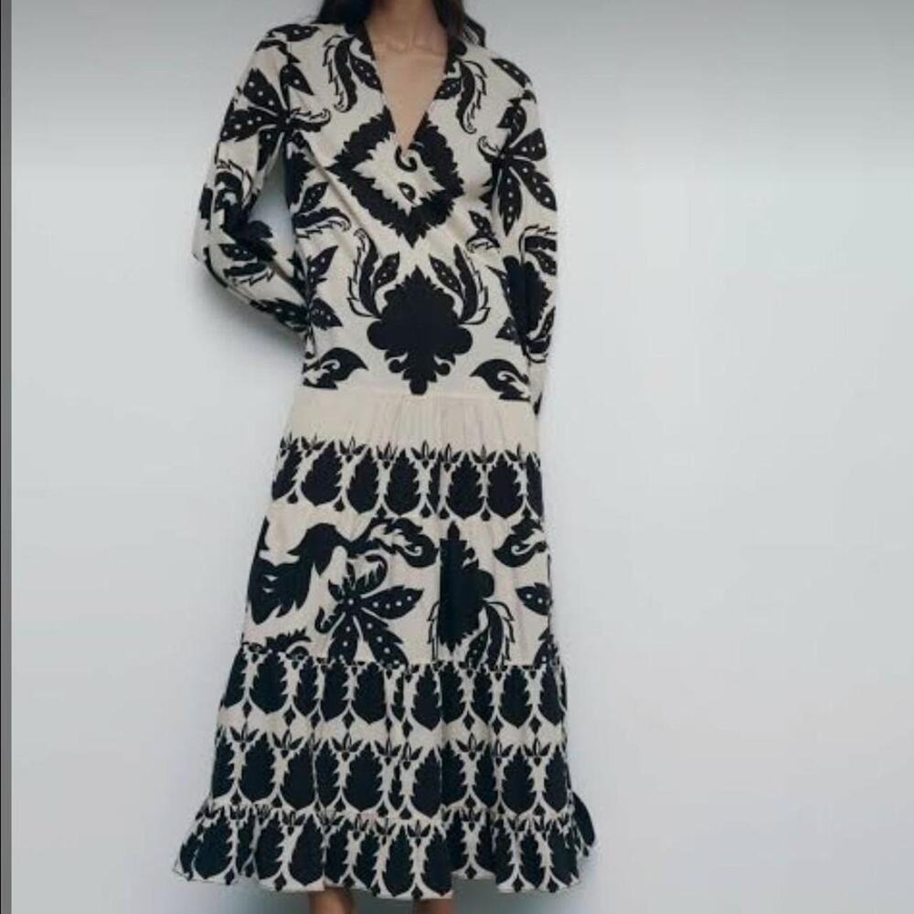 ZARA RUFFLED HEM PRINTED MIDI DRESS BELT Size XS
